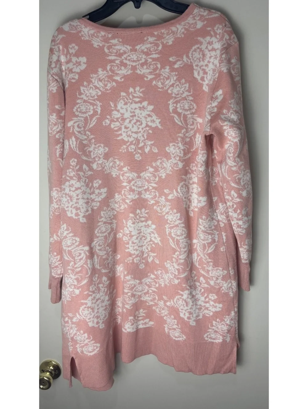 Nina Leonard Women L Pink Floral Jacquard Longline Cardigan Open Front Duster